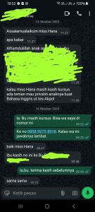 Pesan lewat WhatsApp ucapan terima kasih orang siswa kepada Miss Hana atas kesuksesan putra putrinya