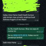 Pesan lewat WhatsApp ucapan terima kasih orang siswa kepada Miss Hana atas kesuksesan putra putrinya 